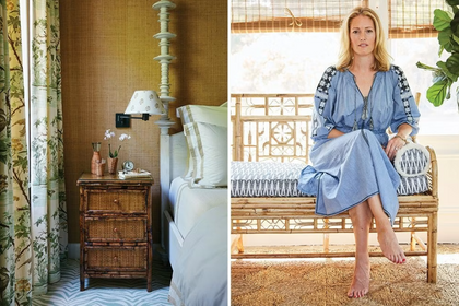 Split view featuring a wooden bedside table and textured wall on the left, and designer Sara Gilbane sitting on a daybed in a blue pattern dress on the right.