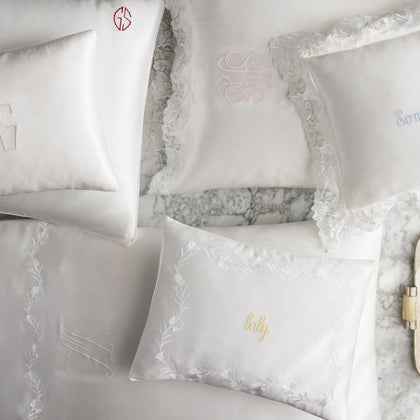 Silk Collection mini pillows in white with assorted monogram and lace styles