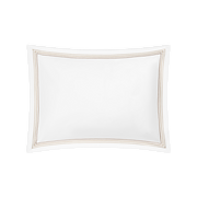 White Amara Triple Pearl sham with tan embroidered trim.