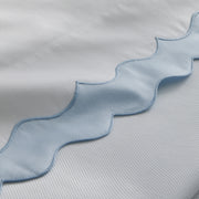 Close-up of Lorelei's blue scalloped appliqué border on white sateen