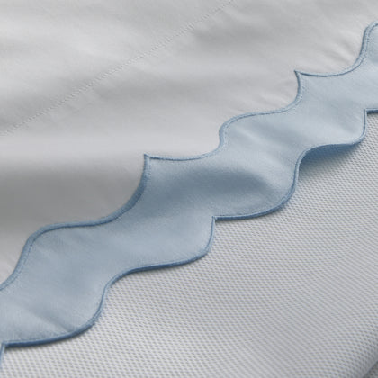 Close-up of Lorelei's blue scalloped appliqué border on white sateen
