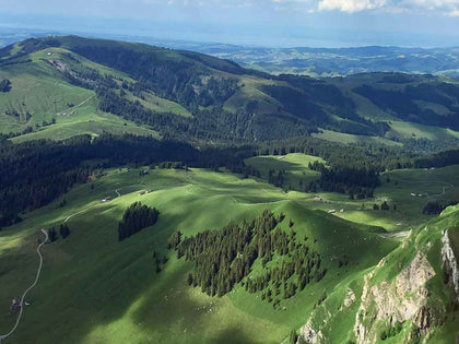 Aerial view of green alpine valleys and forested hills with a lake in the distance.