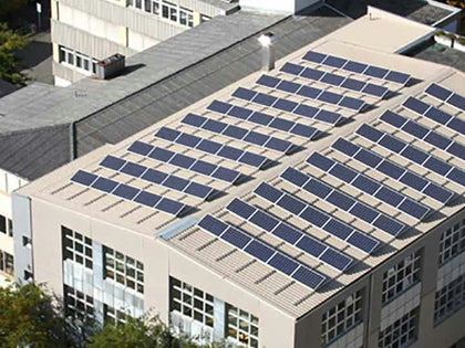 Solar panels covering the roof of a down manufacturing facility.