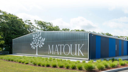 A modern industrial-style building with a large corrugated metal facade, blue side panels, and a white tree logo with the word MATOUK on the front, set outdoors with grass and trees under a cloudy sky.