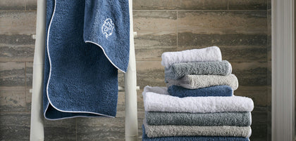 Circular interlocking monogram style on a bath towel.