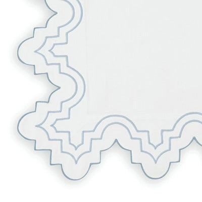 A close-up of a white scalloped or wavy-edged napkin with a light blue outline showing the layered construction.