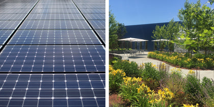 Split image of rooftop solar panels and a landscaped courtyard