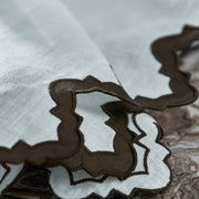 Close-up of Aziza's brown scalloped edge on white linen napkin.