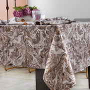 Balthazar grey and brown marbleized tablecloth draped over a table corner