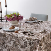 Balthazar marbleized tablecloth set for dinner with two place settings