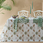Tiger Palm tablecloth with green Iconic Leopard napkins at a table setting