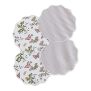 Round reversible quilted placemats with pink Baudin butterfly print and striped reverse.