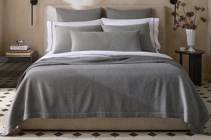 Jackson black check coverlet and shams styled on a bed