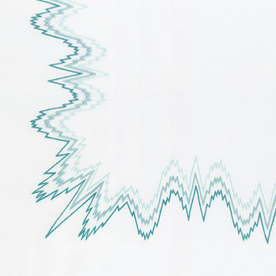 Close up of a napkin featuring a decorative border of layered, jagged lightning-bolt lines in shades of teal and light blue along the left and bottom edges.