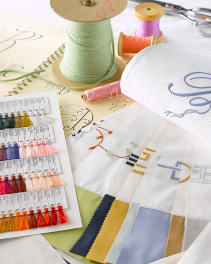 Embroidery thread spools and monogram fabric swatches for personalization
