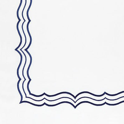 Close up of a napkin featuring a navy blue scalloped border.