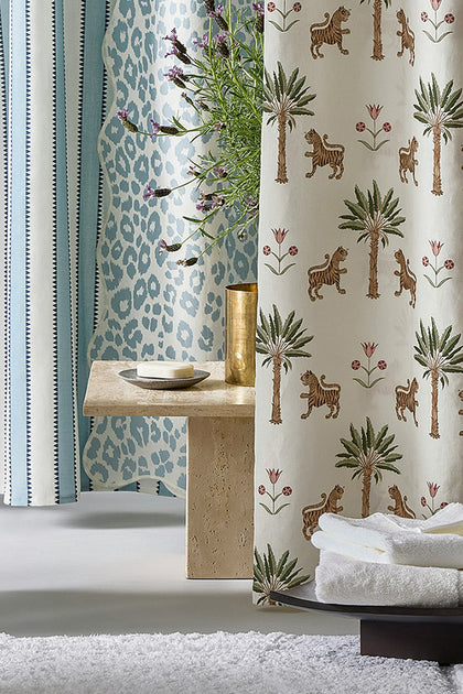 Tiger Palm shower curtain in a bathroom.