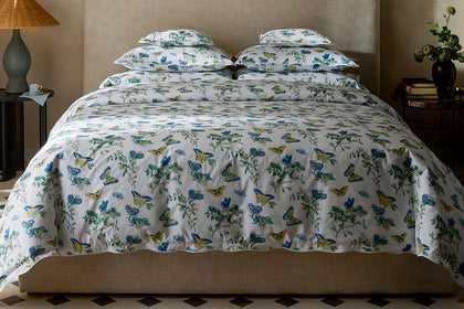 Baudin Butterfly bedding styled on a bed.
