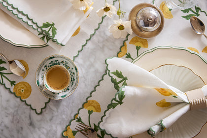 Gisele floral table linens, set overhead.
