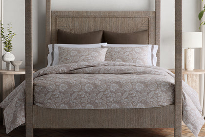 Tan Granada bedding styled on a bed.