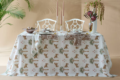 Tiger Palm tablecloth set for a dinner party.