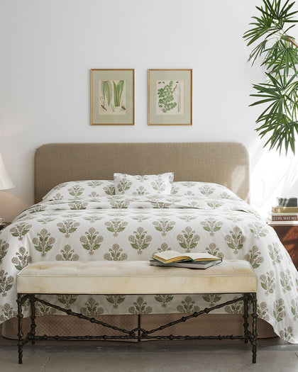 Green and cream Dalila floral print bedding.
