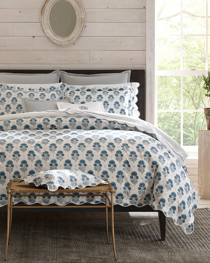 Blue Joplin floral print scalloped bedding.