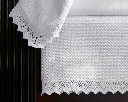 Ellis white waffle-weave towel with crochet lace border