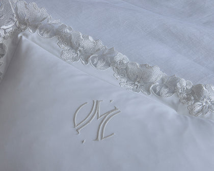 White Virginia pillowcase with floral lace trim and monogram.